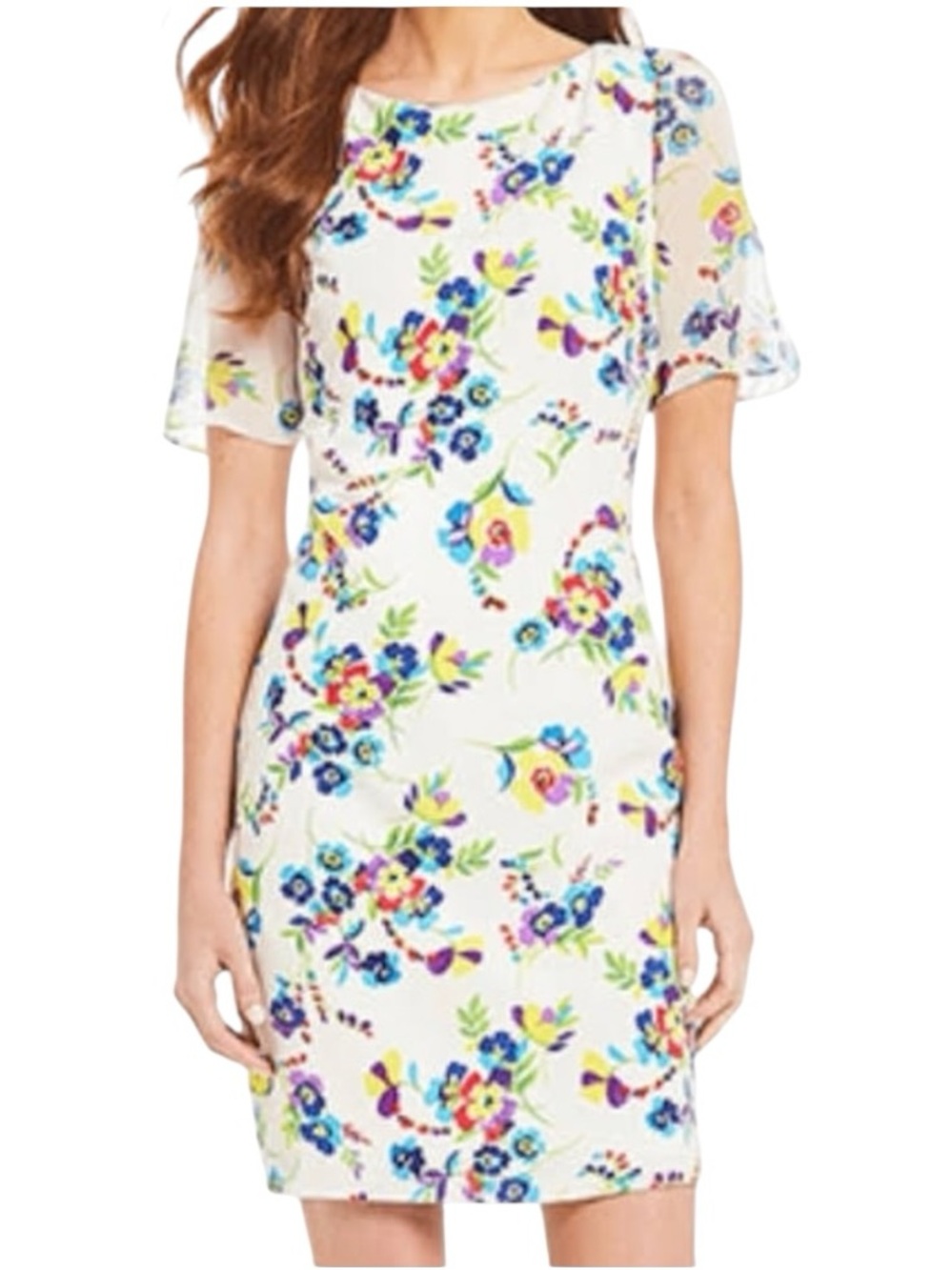 Karl Lagerfeld Paris Floral Shift Dress Size 14 Sheer Sleeve Lined Spring
